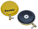 Hovair round steel air casters showing top and bottom view. Bottom view shows the onboard air bearing and flow control valve.