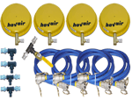 Here is a typical Hovair round steel air caster kit system. It shows everything that's included. you can get set up with hardly any tools. Lift and move heavy machines starting at 1 ton going through to 50 tons and beyond.